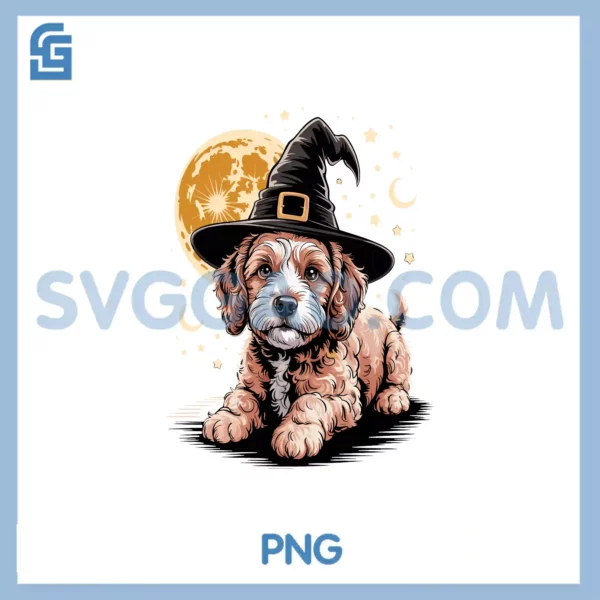 Cute Goldendoodle Dog Witch Hat FPNG, Halloween Dog Lovers PNG