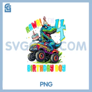 4th Birthday Boy PNG, Dinosaur Monster Truck 4 Years Old Gifts PNG