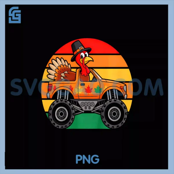 Kids Monster Truck Turkey Sunset Retro PNG, Thanksgiving PNG