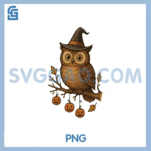 Scary Cute Halloween PNG, Owl in Witch Hat with Pumpkin Lanterns PNG