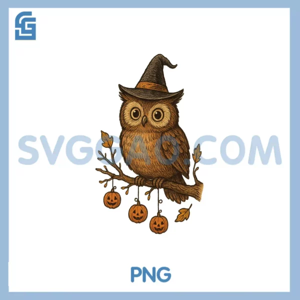 Scary Cute Halloween PNG, Owl in Witch Hat with Pumpkin Lanterns PNG
