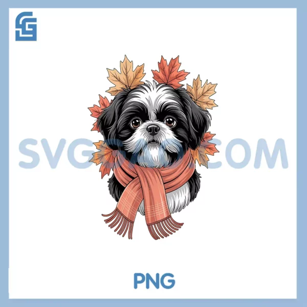 Shih Tzu Dog PNG, Fall Scarf Dogs Autumn Leaves ThanksgivingPNG
