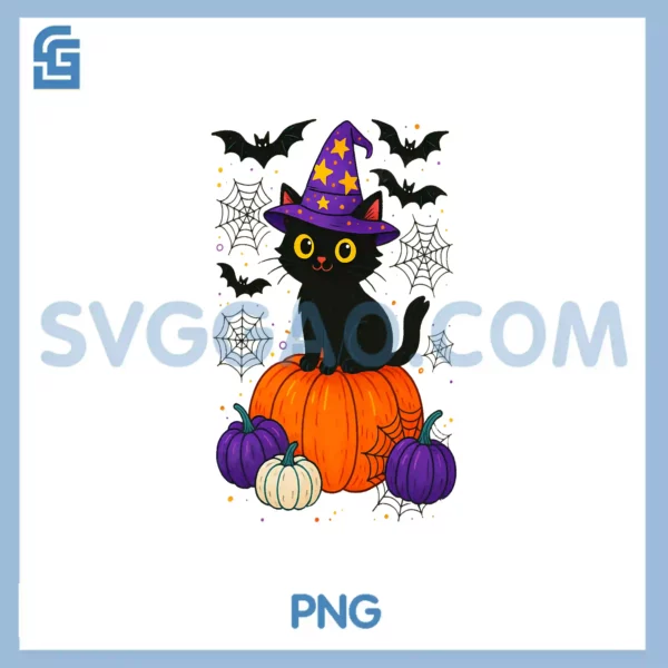 Cute Black Witch PNG, Cat Pumpkin Halloween Fall Autumn PNG