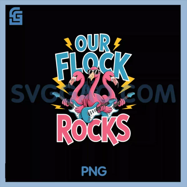 Our Flock Rocks PNG, Flamingo Playing Guitar Rocker PNG