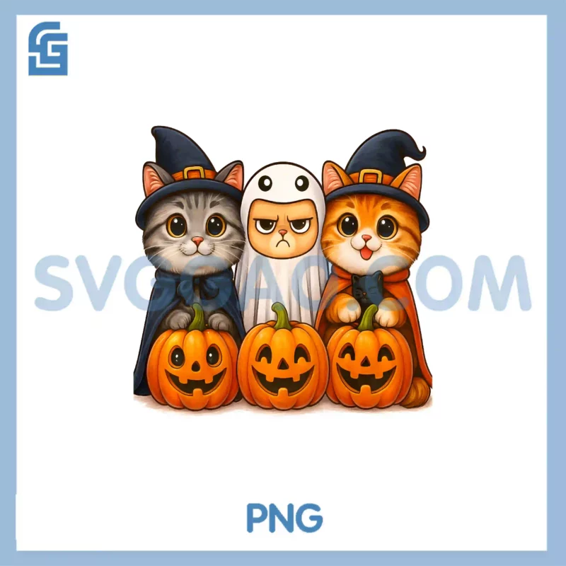 Kawaii Halloween Cat PNG, Spooky Cats Ghost Witch Pumpkins Pullover PNG