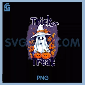 Trick or Treat PNG, Ghost with Pumpkins and Flowers Halloween PNG