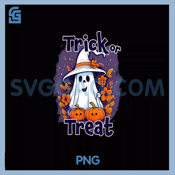Trick or Treat PNG, Ghost with Pumpkins and Flowers Halloween PNG