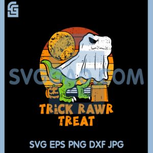 Dinosaur Holding Pumpkin Svg, Trick Rawr Treat Ghost Dino SVG, Halloween Svg, Trick Or Treat Svg