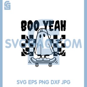 Halloween Boo Yeah Svg, Boy Ghost With Retro Skateboard Svg, Retro Spooky Season Svg