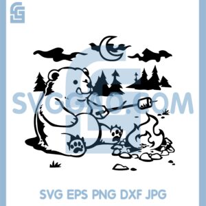 Bear On Camping Svg, Hungry Bear Making Mores Over A Campfire Svg
