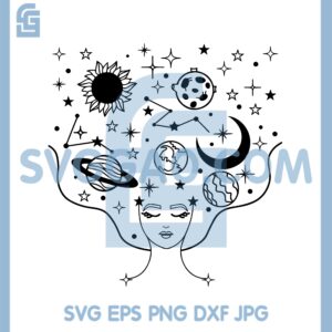 Girl Thinking of the Universe in Mind Svg, Galaxy Girl Svg, Space Girl Line Svg