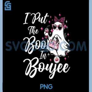 Womens I Put The Boo in Boujee Ghost PNG, Funny Pink Leopard Halloween V-Neck PNG