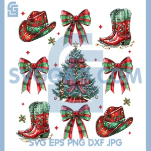 Howdy Christmas Plaid Coquette Bow PNG, Cowgirl Boot Western Xmas PNG