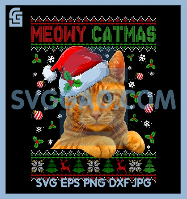 Meowy Catmas Cat & Santa Hat PNG, Ugly Christmas Sweater Xmas PJS PNG