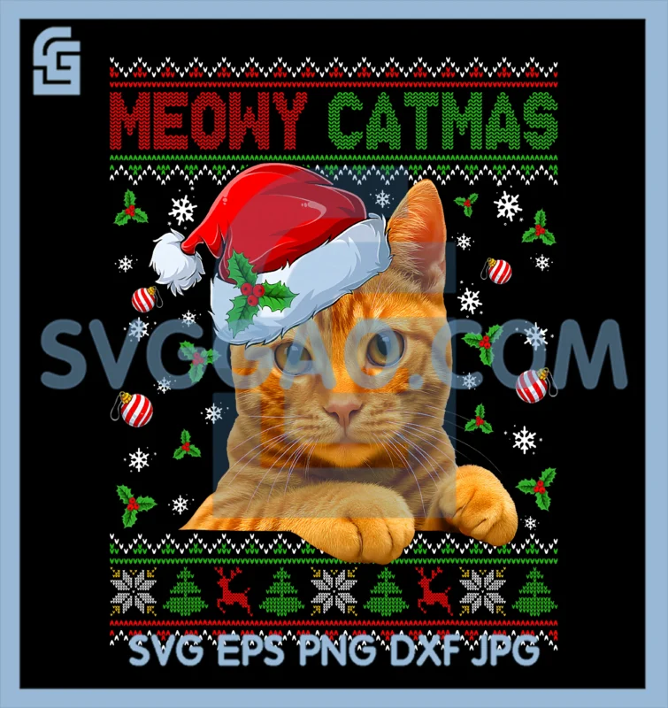 Meowy Catmas Cat & Santa Hat PNG, Ugly Christmas Sweater Xmas PJS PNG