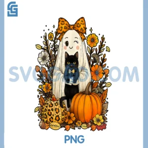 Vintage Halloween Cute PNG, Ghost Holding Black Cat PNG, Groovy Floral PNG
