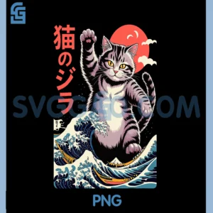 Japanese Cat Art Monster Wave PNG, Funny Cat PNG