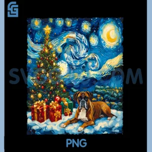 Boxer Dog Christmas Van Gogh PNG, Starry Night Style Paint Winter PNG