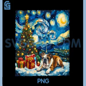 Bulldog Christmas Van Gogh PNG, Starry Night Style Artwork Winter PNG