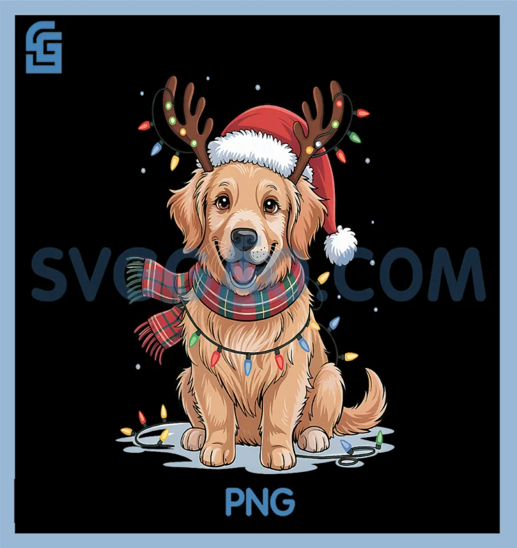 Christmas Golden Retriever PNG, Cute Dog In Santa Hat And Scarf PNG