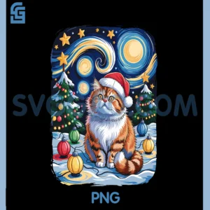 Christmas Persian Cat Santa PNG, Van Gogh Style Starry Night PNG
