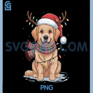 Cute Golden Retriever Christmas PNG, Lights Santa Hat Plaid Scarf PNG