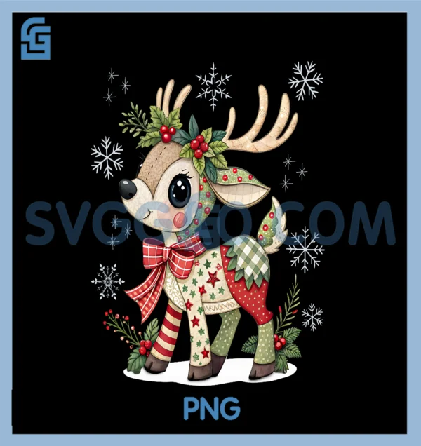 Cute Reindeer Christmas PNG, Cozy Patchwork Design Holiday PNG – SVGGAO