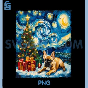 French Bulldog Christmas PNG, Van Gogh Starry Night Style Artwork PNG
