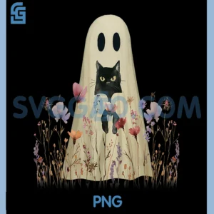 Ghost Black Cat in Wildflowers PNG, Aesthetic Halloween Floral PNG