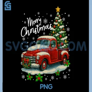 Merry Christmas Red Truck PNG, Funny Xmas Tree PNG