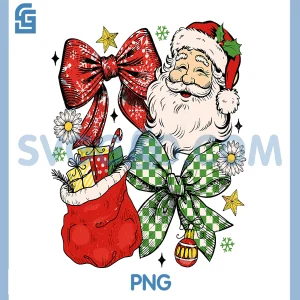 Coquette Bow Santa PNG, Christmas Checkered Floral PNG, Santa Xmas PNG