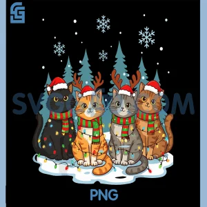 Cute Christmas Cats PNG, Funny Holiday Kitten PNG, Lights Sant PNG