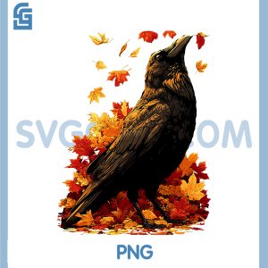 Cute Crow with Fall PNG, Leaves Forest Animal PNG, Autumn Aesthetic PNG