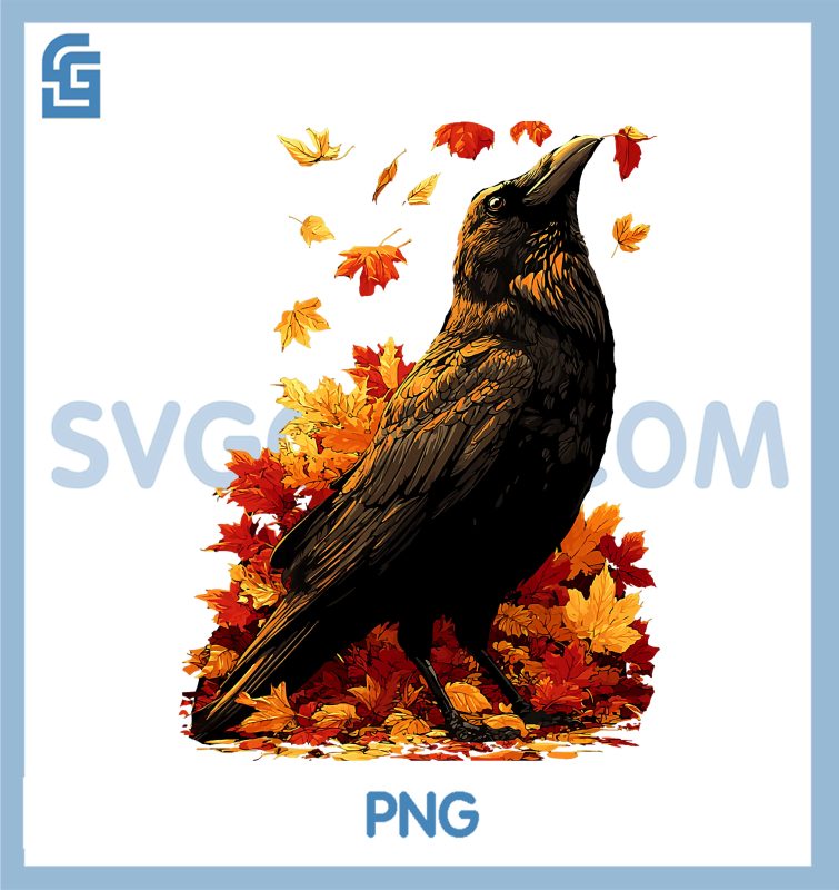 Cute Crow with Fall PNG, Leaves Forest Animal PNG, Autumn Aesthetic PNG ...