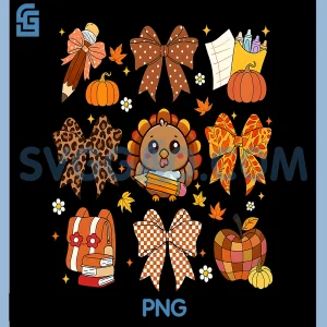 Thankful Teacher Turkey PNG, Coquette Bow PNG, Teacher Thanksgiving PNG