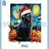 Van Gogh Starry Night PNG, Festive Christmas Black PNG, Cat Santa Hat PNG