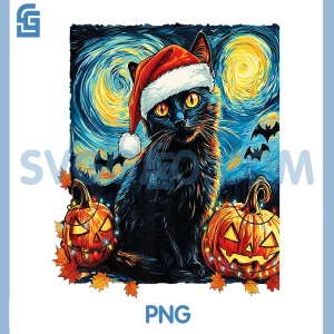 Van Gogh Starry Night PNG, Festive Christmas Black PNG, Cat Santa Hat PNG