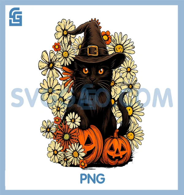 Witchy Black Cat with PNG, Flowers and Pumpkin Halloween PNG – SVGGAO