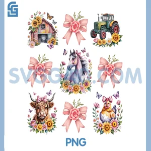 Animals Cow Chicken Horse PNG, Tractor Flower Farm PNG