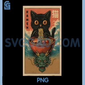 Anime Cat Ramen Japanese PNG, Funny Art Kawaii Cat and Dragon PNG