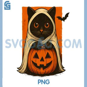 Black Cat with Pumpkin PNG, Ghost Cute Halloween Night PNG