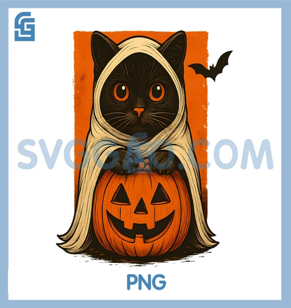 Black Cat With Pumpkin PNG, Ghost Cute Halloween Night PNG