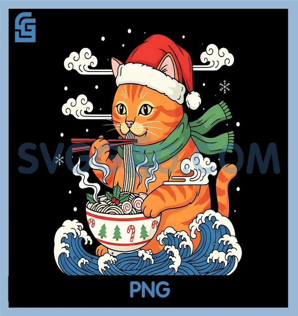 Funny Christmas Ramen Cat PNG, Eating Noodles Japanese Kawaii Cat PNG ...