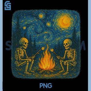Funny Skeleton Campfire PNG, Starry Night Halloween Spooky Art PNG