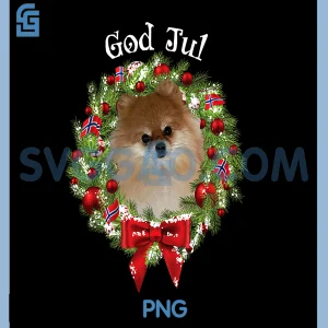 God Jul PNG, Norwegian Pomeranian PNG, Dog Christmas Wreath PNG