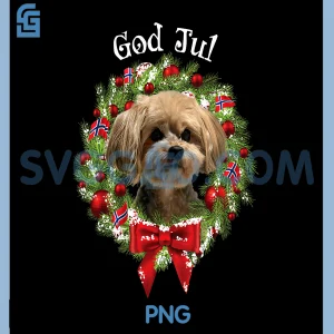 God Jul Norwegian Yorkie Poo PNG, Dog Christmas Wreath PNG