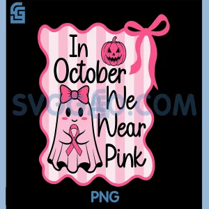 In October We Wear Pink PNG, Cute Ghost Halloween Coquette Bow PNG