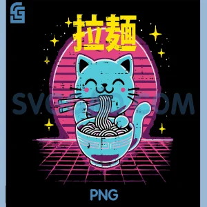 Japanese Cat Ramen PNG, Vaporwave Retro Anime PNG