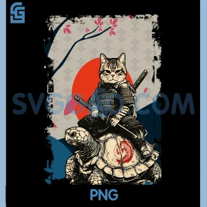 Japanese Ninja Art and Japan PNG, Samurai Cat on Turtle PNG