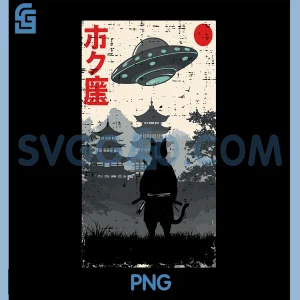 Japanese Ninja Cat UFO PNG, Temple Ukiyo-e Art PNG